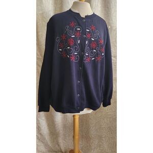 H0 Hartfield Design blue button-up sweatshirt red & white embroidered floral
